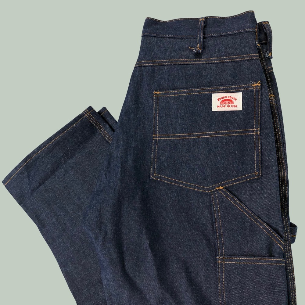 VTG Round House Carpenter Jeans Mens 33x33 USA Made Raw Denim Deadstock Workwear